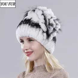 Russia Women Real Rex Rabbit Fur Hats Elastic Knit 100% Genuine Cap Winter Warm Beanies Hat 211119