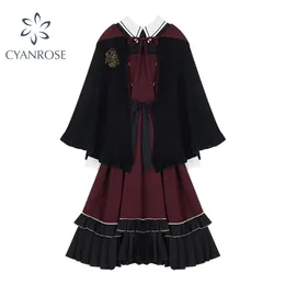 Frauen Preppy Stil Kleid mit Schal Flauschige Kleider Weibliche Rote Japanische Lolita Vintage Gothic Schule Student Prinzessin Dresse 210515