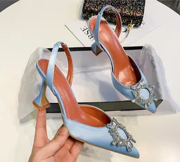 Big Size 41 42 Blue Women Pumps Silk Satin Pointy Toe Rhinestone Crystal High Heels Shoes Slip On Women Wedding Pumps Sandal