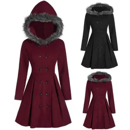 Women's Wool & Blends Dress Large Hem Double Breasted Winter Coat Thick Women Autumn Plush Hooded Solid Color Elegant Outerwear