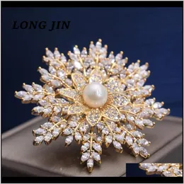 Pins, Brooches Drop Delivery 2021 Japanese And Korean Luxury Atmosphere High-End Freshwater Pearl Snowflake Micro-Inlaid Zircon Gold Sier Bro