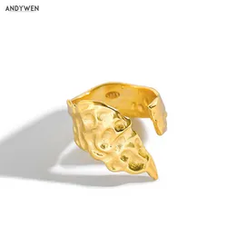 Andywen 925 Sterling Prata Geométrica Geométrica Irregular Shell Aberto Ajustável Anéis Mulheres Forma Europeia Jóias Para Jóias de Luxo 210608