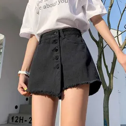 Джинсовые шорты женский осенний весенний лето с высокой талией свободные штаны с широкими ногами A-Line Black Hakama Fake Две штуки 210526