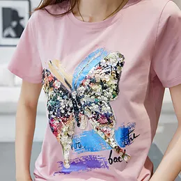 Shintimes T-shirt Femme T-shirt Mit Pailletten Hemd Sommer Tops Casual Kurzarm Camisetas Mujer Verano