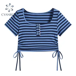 Blå Striped Skinny Crop T Shirt Kvinnor Sommar Kortärmad Drawstring Lace Up Retro Tees Kvinnlig Square Collar Egirl Y2K Top 210417