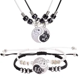 Dorywczo Pary Sparowane Wisiorki Naszyjnik Dla Kobiet Mężczyzna Tai Chi Yin Yang Leather Chain White Black Friendship Naszyjniki Biżuteria