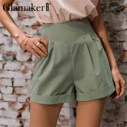 Glamaker assimetria alta cintura de algodão shorts de verão mulheres casuais solta solteira zíper escritório senhoras moda 210719