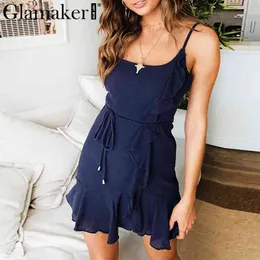 Glamaker Ruffles Lace Up Sexy Mini Sundress Mulheres Backless Férias Beach Curto Vestido Feminino Feminino Cinto Vermelho Vestido Vestidos 210412