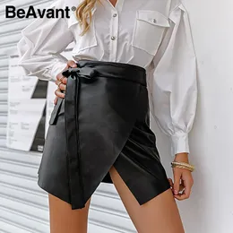 Beavant lässige schwarze Frauen Asymmetrische Lederrock Sash sexy schlanke Mini weibliche High Street -Röcke Damen Frühling Sommer