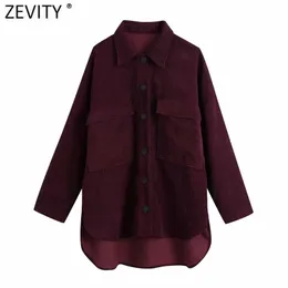 Kobiety Vintage Duże kieszenie Patch Casual Loose Corduroy Koszula Płaszcz Kobiet Z Długim Rękawem Nieregularne Kurtka Chic Topy CT631 210420