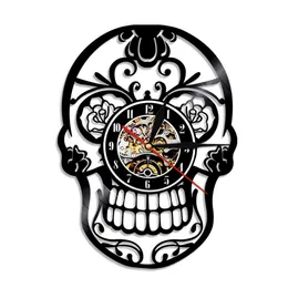 Dag av Dead Dia de Los Muerte Mexikansk skalle Vinyl Rekord Väggklocka med LED-belysning Gotisk sockerskalle Klocka Heminredning X0726