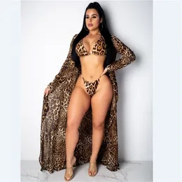 Kobiety 3 sztuk Swimsuit Zestaw Letni Leopard Drukuj Bikini Kobieta Plaża Cover Up Sukienka Sukienka Scargan Damskie Swimwear Suit 210621