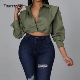 Women's Jackets Tsuretobe Solid Shirt Women Autumn Long Sleeve Streetwear Fashion Single Breasted Rave Party Clothes Sexy Casual Short Blous