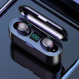 F9 TWS trådlös hörlurar V5.0 Earbuds Bluetooth-hörlurar LED Display Power Bank Headset med mikrofonlåda förpackning