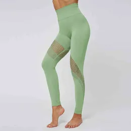 Hål ut hög elasticitet springande träning leggings butt lyftande gym yoga byxor kvinnor andningsbara deportiva pantaloner mujer 210514