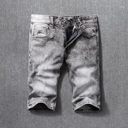 Jeans masculinos verão moda vintage designer homens retrô cinza elástico algodão afligido rasgado denim shorts estilo italiano curto