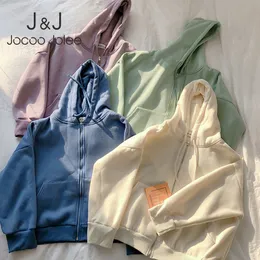 Jocoo Jolee Casual Long Sleeve Solid Zip-up Sweatshirts Korean Loose Hoodies Women Harajuku Plush Coats BF Hoodies Outwear 210518