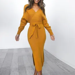 Casual Kleider Frauen Lange Gestrickte Pullover Kleid Wrap Belted Tunika Midi Vestidos Hülse Doppel V-ausschnitt Split Herbst 2021