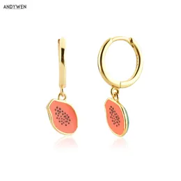 Andywen 925 Sterling Silver Gold Owoce Aros Kiwi Drop Klipy Kolczyk Luksusowe Pętle Biżuterii Piercing Dla Europejskich Kobiet 210608