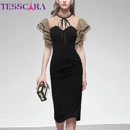 TESSCARA Women Summer Elegant Pencil Dress Festa High Quality Vintage Office Cocktail Party Robe Femme Mesh Designer Vestidos 210409