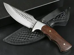 Högkvalitativ Straight Jakt Kniv 3Cr13mov Drop Point Satin + Laser Mönster Blade Full Tang Rosewood Handle Knivar med lädermantel