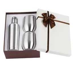 3pcs/set 17oz Stainless Steel Wine Water Bottle with Two 12oz Glasses Tumblers Wine Cup Gift