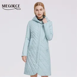 MIEGOFCE Women Jacket Windproof Coat Button 's Parka Practical Stand Collar Hooded Has Silk Scarf 211008