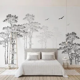Wallpapers Custom Mural Self Adhesive Wallpaper 3D Black And White Sketch Abstract Tree Flying Birds Po Painting Living Room Waterproof