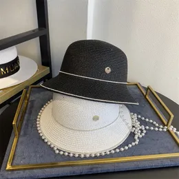 Mulheres vintage cor sólida chapéu de palha verão praia proteção solar boné moda pérola corrente bonés clássico strass mesquinho borda chapéus