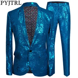 Pyjtrlメンズスタイリッシュな光沢のある青いローズプリント2個セット最新のコートパンツデザイン男性スーツのウェディングスリムフィット歌手x0909