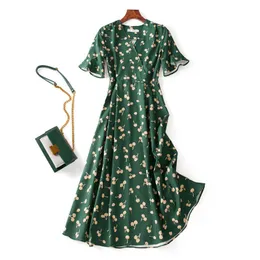 Summer Vintage Green Print Back Tie Chiffon V-neck Short-Sleeve Slim Long Midi Wrap Tea Dress Casual 2021 Q0712