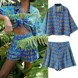 Klkxmyt Dois peça Set Mulheres Verão Solta Moda Impressão Batwing Manga Curta Praia Cropped Blusa + Cintura Elástica Casual Shorts 210527