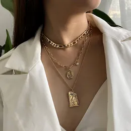 Vintage Punk Multi Layered Women's Pearl Halsband Fashion Long Geometric Portait Pendant Halsband 2021 Goth Girl Smycken