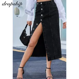 Kvinnors Knapp A-Line Side Split High Waist Denim Skirt Office Lady Black Blue Midi Jean Kjolar Höst Vinter Lång