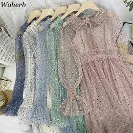 Kadınlar Tatlı Bling Payetli Yama Dantel Örgü Elbise Katı Renk Fırfır Robe Sevimli Uzun Elbiseler Yaz Vestidos 210519