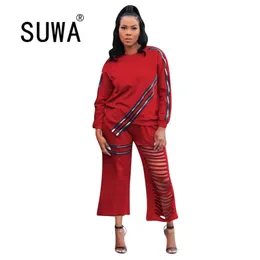 Solid Dress Women 2 Piece Set Jesień Zipper Łączony Z Długim Rękawem Pullover + Hole Wide Leg Pant Casual Club Stroje 210525