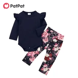 도착 봄과 가을 2pcs 아기 소녀 솔리드 레이어 숄더 bodysuit 꽃 바지 세트 아기 의류 210528