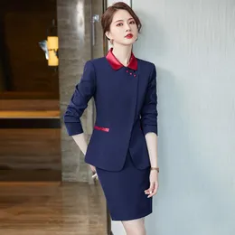 2ピースドレス正式ネイビーブルーブレザー女性スカートスーツジャケットセットオフィスレディースワークウェアビジネスユニフォームスタイル