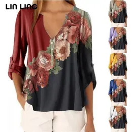 LINLING estampado mujer camisa otoño cuello en V manga larga suelta Casual camiseta Harajuku moda coreana de talla grande mujer pulóveres Tops 210406