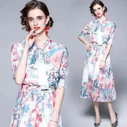 Summer Elegant Bow Tie Collar Floral Print Chiffon Female Half sleeve Elastic Waist Stitching Pleated Mid-calf Dress 210416