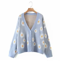 Kvinnor Fashion Print Soft Sweater Ladies Full Sleeve Floral Single Breasted V-Neck Cardigan Söt tjejer Streetwear 210521