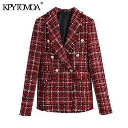 Women Fashion Double Breasted Tweed Check Blazer Coat Long Sleeve Frayed Trims Female Outerwear Chic Tops 210420