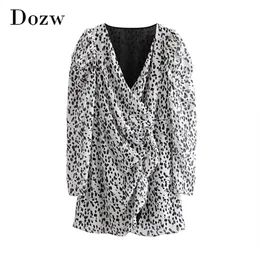 Women Fashion Leopard Chiffon Dress V Neck Puff Long Sleeve Streetwear Mini es Lady Ruffles Female A Line Sundress 210515