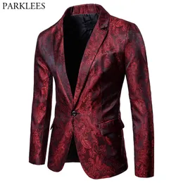 Vin röd paisley blommig jacquard kostym jacka män märke en knapp bröllop brudgum tuxedo blazer manlig fest middag kostym homme 210522