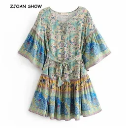 Kvinnor Bohemian Lace Up V Halsplats Peacock Floral Print Dress Etnic Bow Tide Sashes Korta Klänningar Femme Vestido 210429