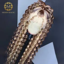 レースウィッグスディープウェーブフロントウィッグカラーハイライト人間の髪の自然女性ブラックハニーブロンド透明