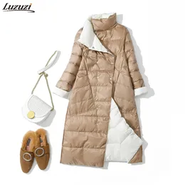 Mulheres Luzuzi Dupla Saída Dupla Casaco Longo Turtleneck White Duck Casaco Breasted Quente Parkas Feminino Outerwear 210910