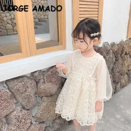 Korean Style Summer Kids Girls Dress Mesh Puff Sleeves Lace Princess Dresses Cute Fashion Clothes E1030 210610