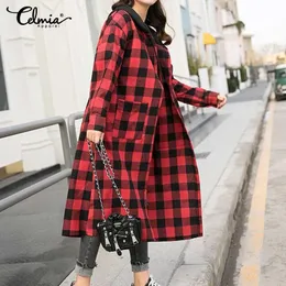 Celmia Bluzy Długi płaszcz Casual Kobiety Rękaw Red Plaid Sprawdzone Kapturem Płaszcz 2021 Jesień Przyciski Moda Kurtki Znosić Kobiety