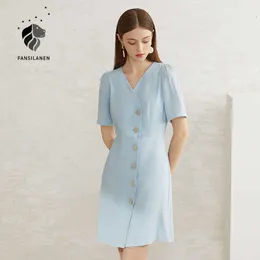 FANSILANEN Linens vintage short blue dress Women v neck puff sleeve elegant Summer slim sexy party office lady wrap 210607